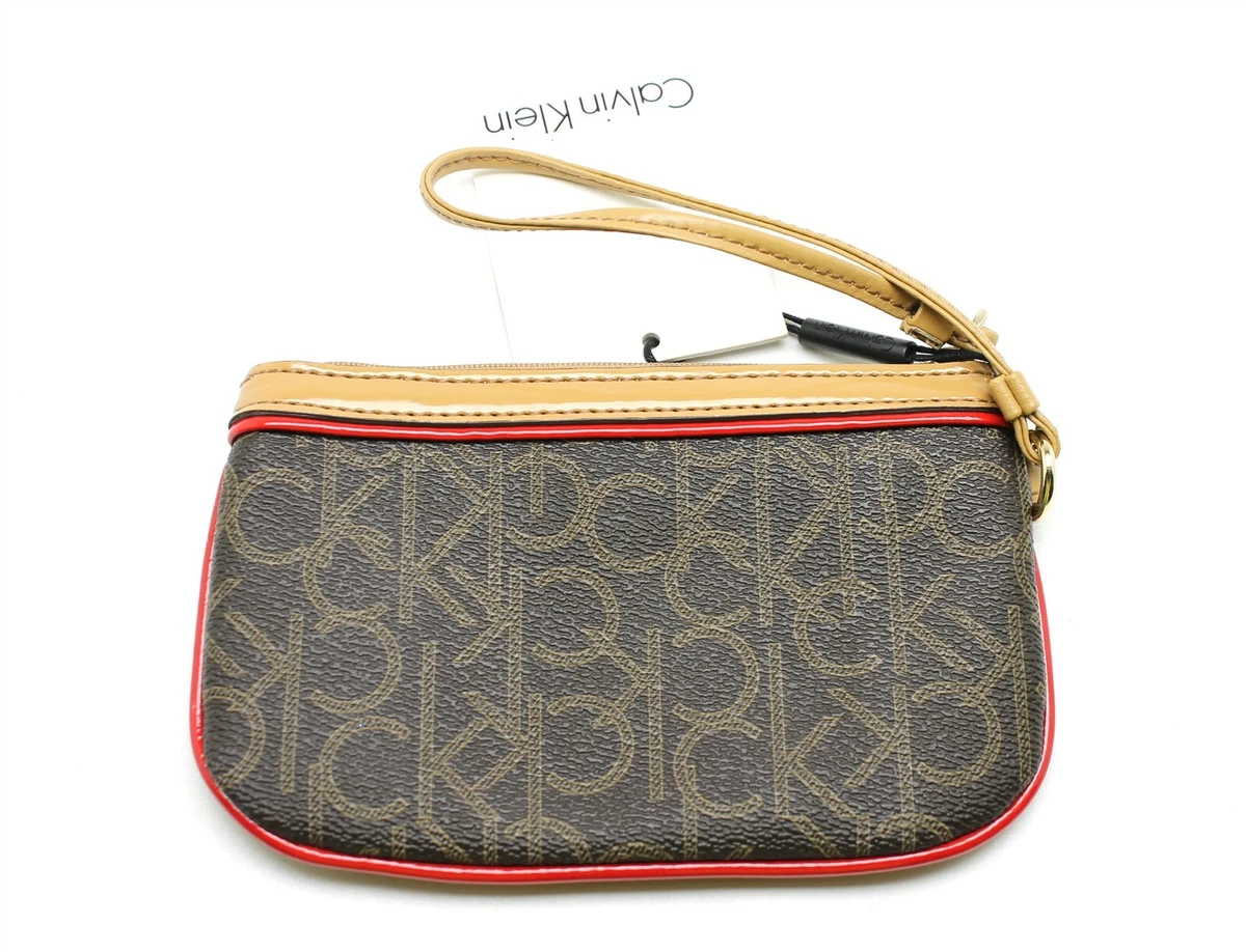NEW CALVIN KLEIN CK Signature Wristlet Clutch Wallet Brown Red Luggage H2GLJ095