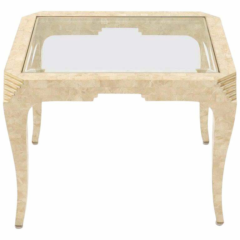 Tessellated Stone Brass Inlay Rectangular Side Table Glass Top