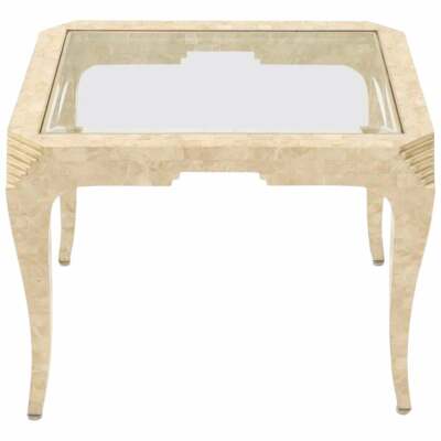 Tessellated Stone Brass Inlay Rectangular Side Table Glass Top