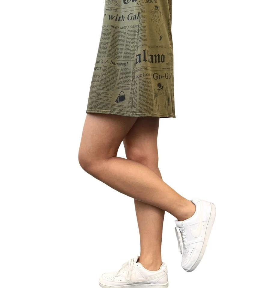 John Galliano Vintage Logo Newspaper Print Mini Dress #M Khaki Orange Cotton - Image 4 of 4