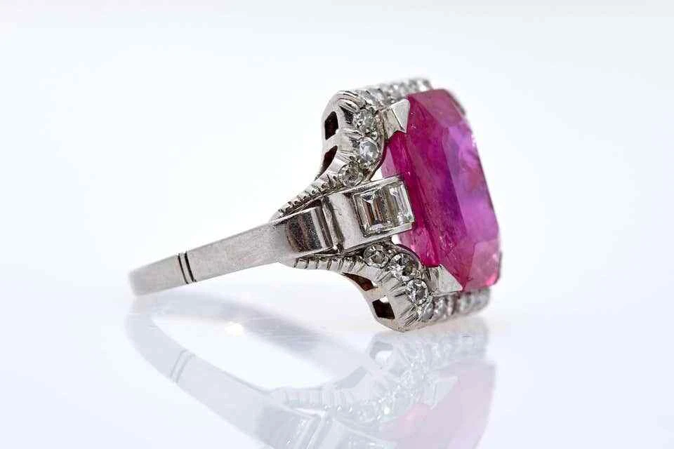 Fine Emerald Cut Burma Pink 7.63CT Ruby With Old Mine Cut CZ Classic Women Ring - Image 2 of 4