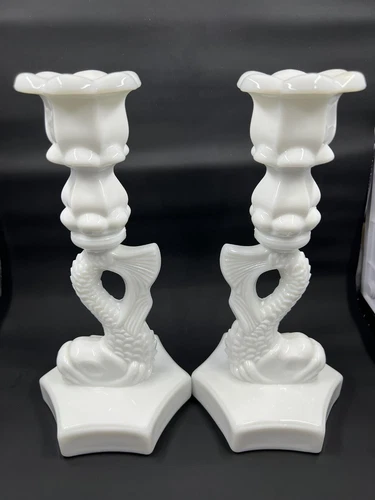 Vintage Pair Westmoreland White Milk Glass 9.5" Koi Fish Candlesticks