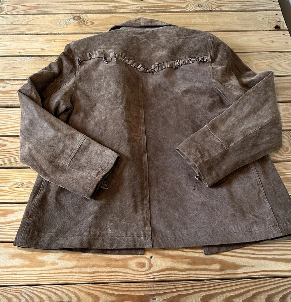 Esprit 女式复古皮革条纹细节夹克 L 码棕色 Sf19 — 第 2/4 张图片