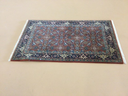 2’.6” X 4’ Rust Navy Blue Fine Geometric Hand Knotted Oriental Area Rug Wool - Picture 4 of 12