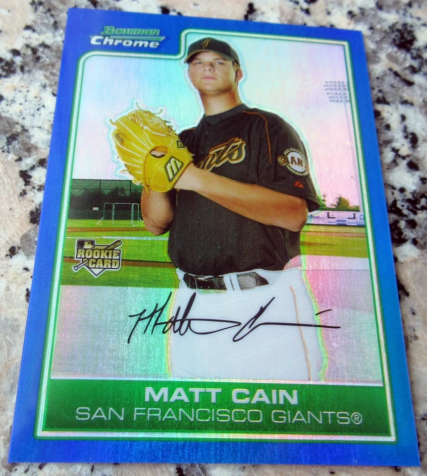 Tarjeta de novato Matt Cain 2006 Bowman cromo refractor azul SP/150 RC juego perfecto Foto 3 de 4