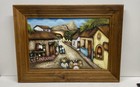 Textured Art Painting Spanish Village Scene Framed Wood Mixed Media — photo 1