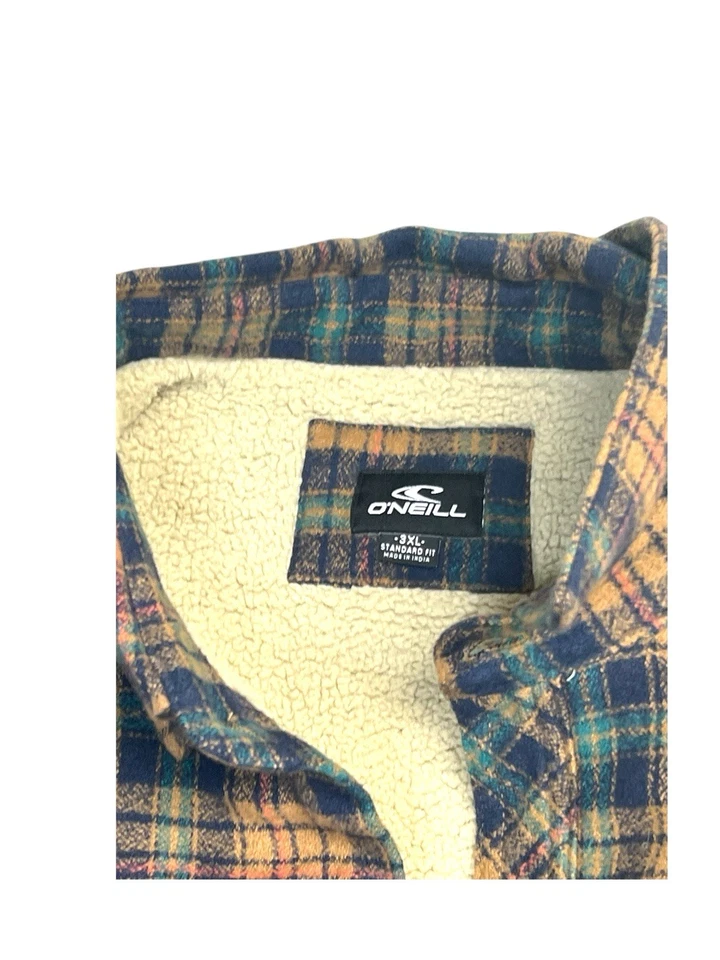 O’Neill fleece Men 3XL Blue Orange Plaid Sherpa Lined Shirt Jacket Shacket Warm - Image 2 of 4