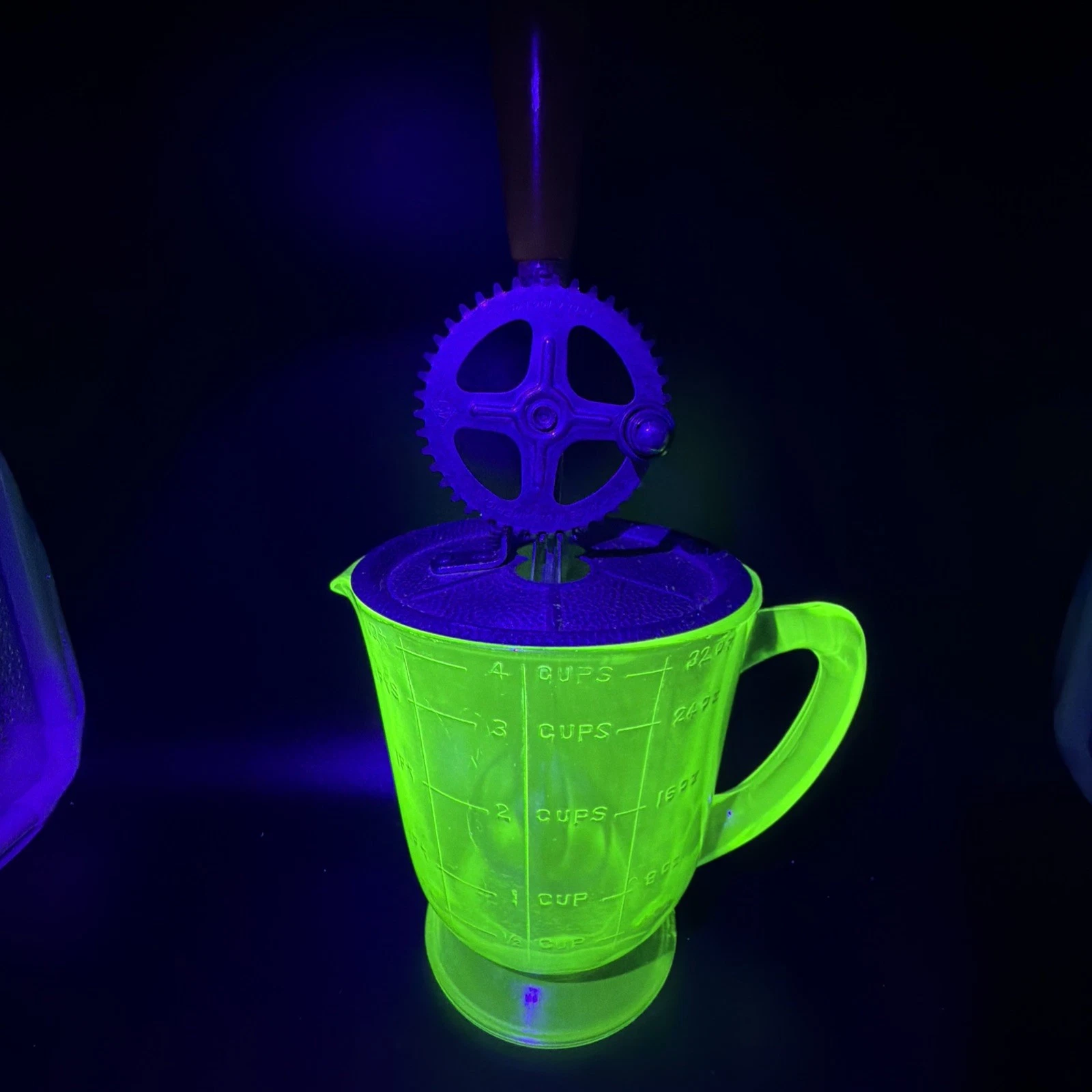 Uranium Glass 4 Cup Measuring Bowl With A&J Hand Mixer, Antique! Glows! Nice!