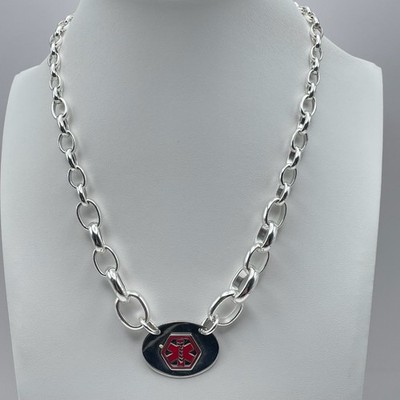 Vintage 90s Medical Alert Necklace Diabetic Silver Tone Thick Oval Link Chain