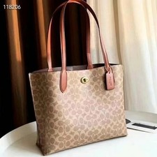 COACH Signature Logo Willow Canvas Leather Tote Bag , Color Tan Rust/Brass NWT