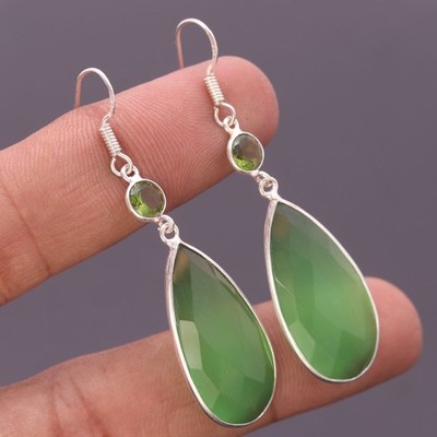 Peridot Quarz Edelstein 925 Sterling Silber Handarbeit Ohrring Schmuck Geschenk für