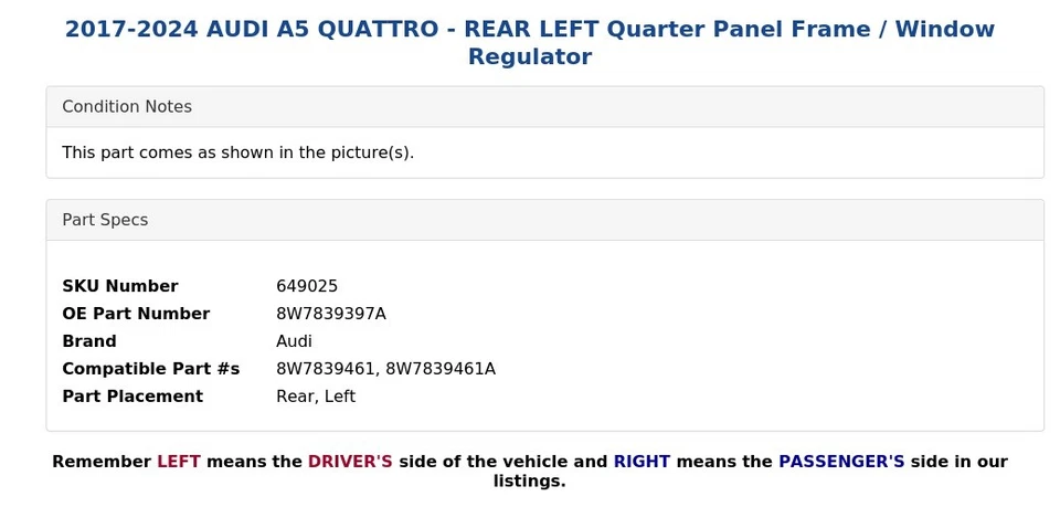 2017-2024 AUDI A5 QUATTRO - REAR LEFT Quarter Panel Frame / Window Regulator - Image 3 of 4