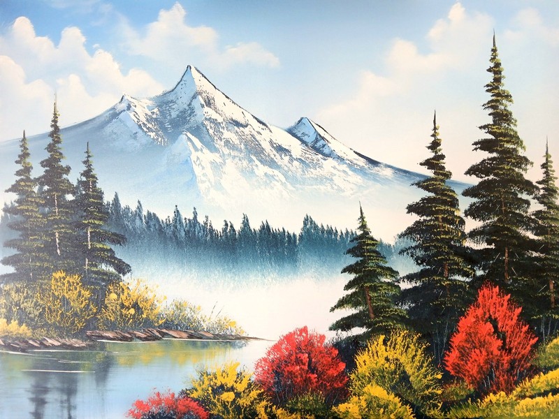 Original Oil Painting in the Style of Bob Ross, "Misty Mountain Lake"