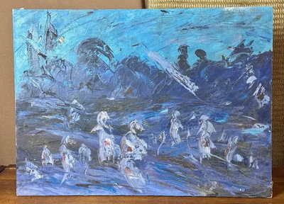#ad Vintage MCM Abstract Oil Painting On Canvas Signed C Blanchard North Carolina $299.99