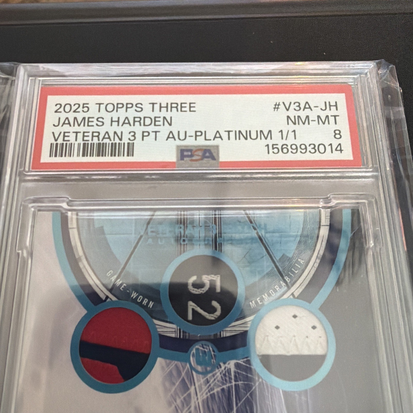 2025 Topps 3 Basketball James Harden Game Worn 3 Patch Auto 1/1 Platinum PSA 8 view 5