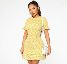 Fashion Nova Yellow Floral Smocked Mini Dress Ruffle Hem, Short Sleeve S