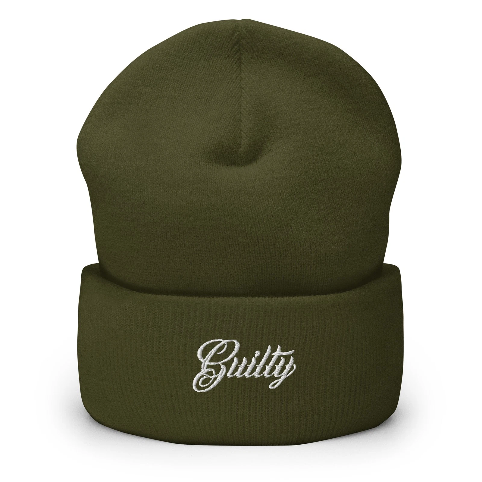 Embroidered Olive Green Knit Beanie | Guilty Streetwear