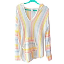 Buc-ee's Womens Pastel Rainbow Stripe Knit Baja Hoodie Pullover Large White L