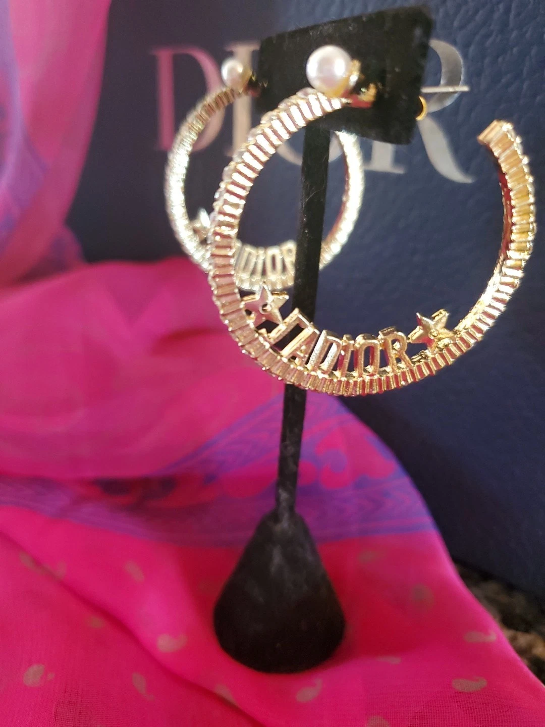 BOUCLES D'OREILLES CRÉOLES DIOR JADIOR CD cristal perle doré 