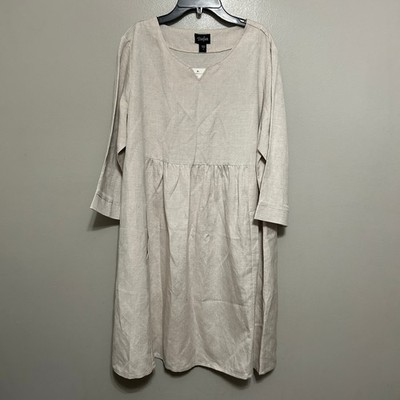Toofan Linen Midi Dress Women L Khaki NWT 3/4 Sleeve Empire Waist Laganlook Chic