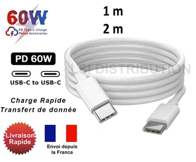 Cable USB-C Type C vers USB-C pour charge rapide, transfert données, blanc - Photo 1/4