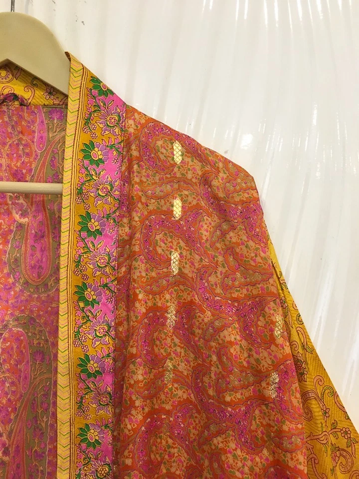 Jaqueta cardigã curta de seda pura quimono espanador capa roupão solto amarelo KMS3750 - Imagem 3 de 4