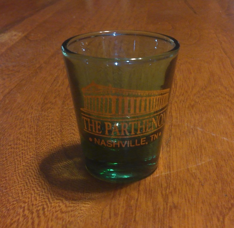 Shot Glass-Nashville Tenn. THE PARTHENON--2.4" tall--LiteGreen glass