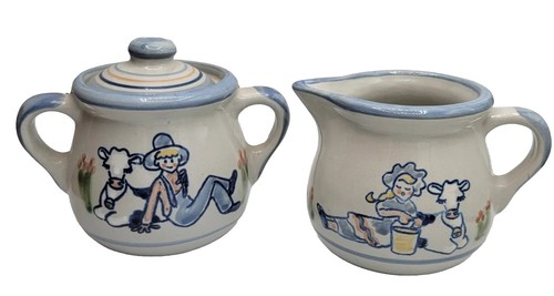 Louisville Stoneware Sugar Bowl And Creamer Milk & Honey USA Vintage Handcrafted