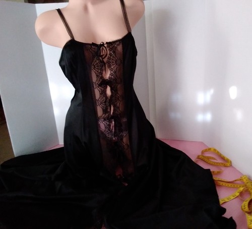 Vintage Nightgown CHERIE Canada Full Sweep Long Lace Tie Front Silky Black M