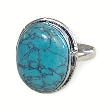 925 Sterling Silver Oval Turquoise Gemstone Statement Hammered Ring sz 8.5