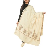 Sanskriti Vintage Ivory Pure Woolen Shawl Hand Embroidered Kantha Stole Scarf