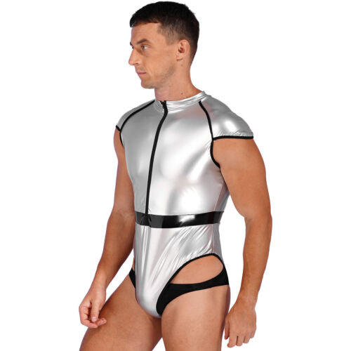 Herren Wetlook Metallic Catsuit Overall mit Handschuhe Stringbody Alien Kostüm - Bild 29 von 49
