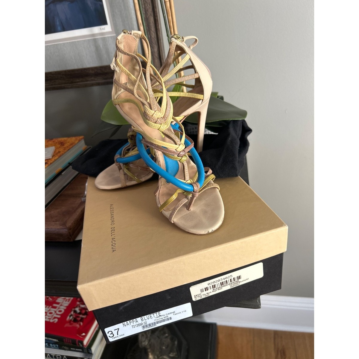 Alessandro Dell'Acqua Strappy Zip Back High Heel Blue Tan Womens