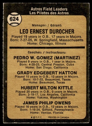 1973 O-Pee-Chee Leo Durocher/Preston Gomez/Grady Hatton/Hub Kittle/Jim Owens - Picture 2 of 2