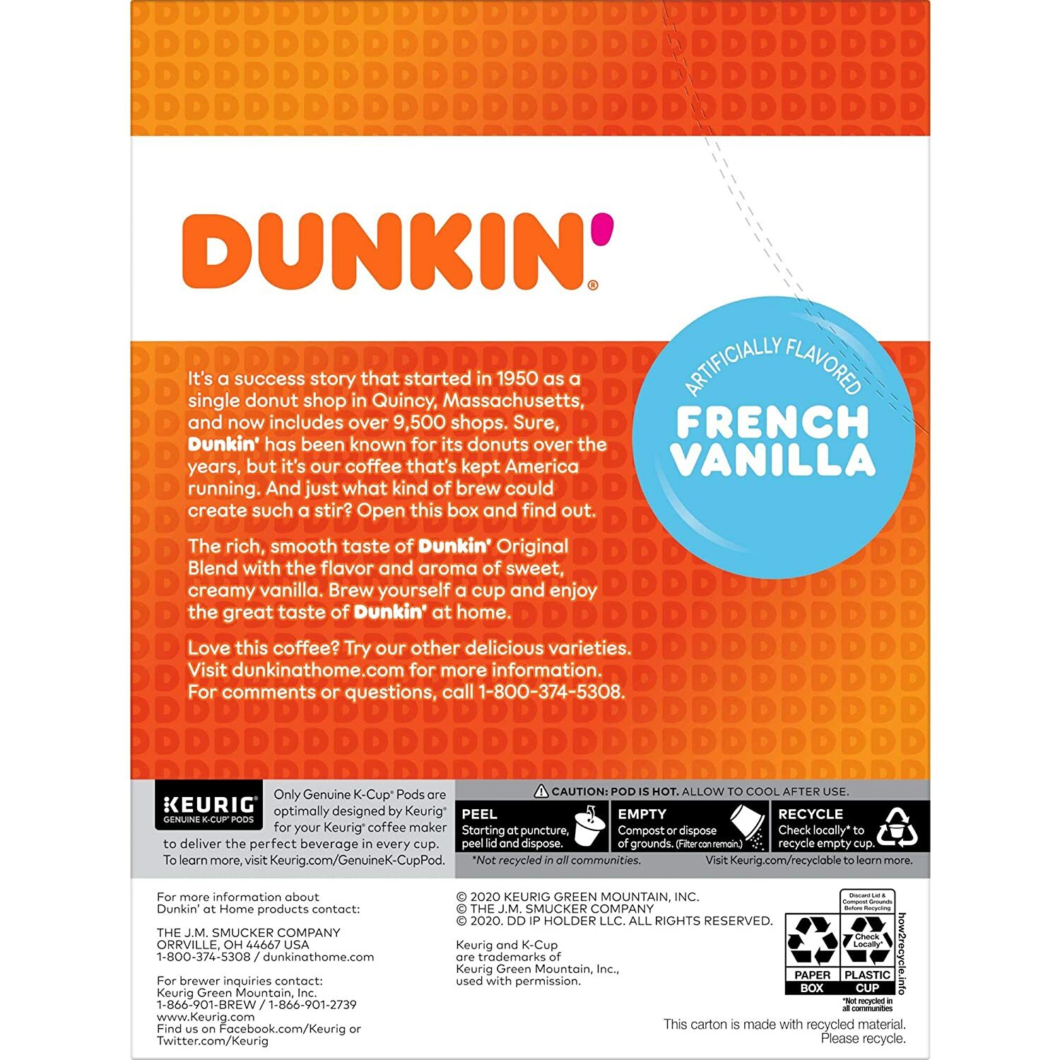 Dunkin' Donuts French Vanilla Coffee 22 to 132 Count Keurig K cup Pick Any Size 