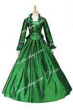 Victorian Civil War Ball Gown Prom Satin Evening Green Dress Multicolor Yellow