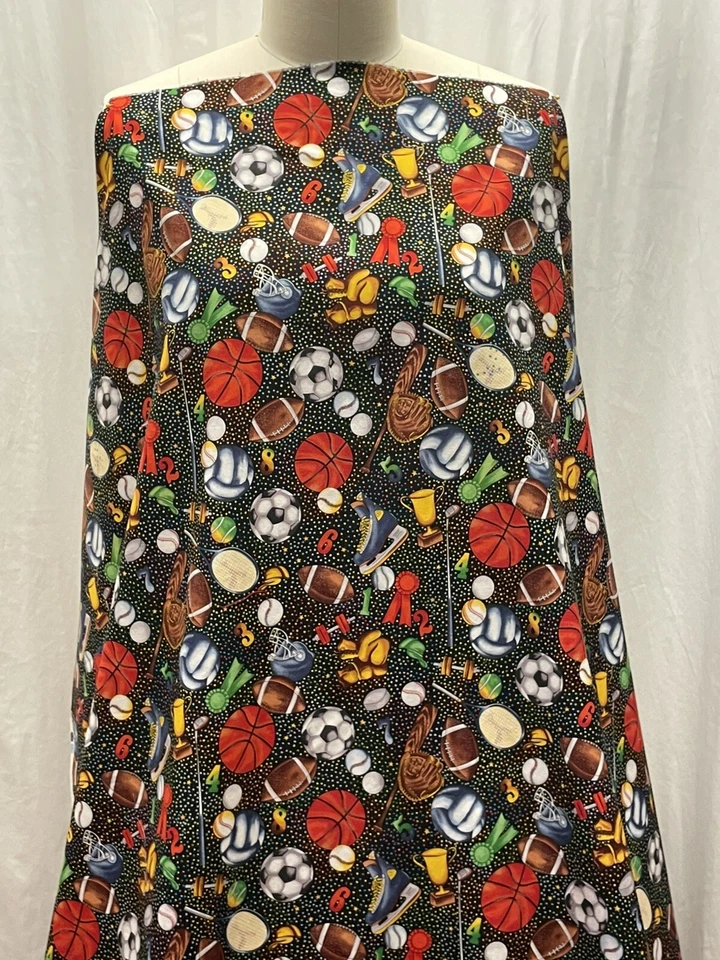 100% Cotton Sports Themed Objects & Icons on Black Fabric 2.75 Yards & 42" Wide - Image 3 of 4