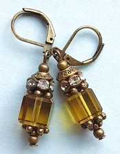 YELLOW TOPAZ CUBE Faceted Crystal drop earring BRONZE LEVERBACK handcrafted XXS