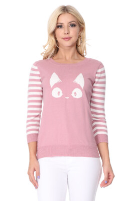 YEMAK Women's Kitty Cat Face 3/4 Sleeve Casual Crewneck Pullover Sweater MK3375