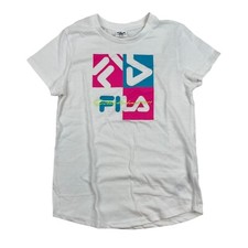 FILA Girls White Pink Blue Logo Graphic T-Shirt Tee Sz L 14-16 Cotton Polyester