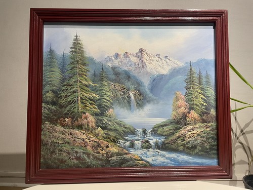 Gorgeous K.WHITE Signed Mountain Overlooking Waterfall Oil Painting - Picture 2 of 11