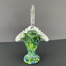 Fenton Art Glass Vasa Murrhina Basket Green Blue Adventurine 11.5"