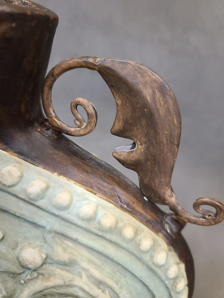 Collectable IMAX Clay Vase Metal Handles Green Brown Home Décor Decoration - Image 4 of 4