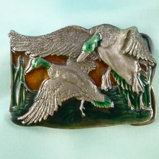 1977 Bergamot Brass Works MALLARD DUCKS Enamel Belt Buckle Made in USA