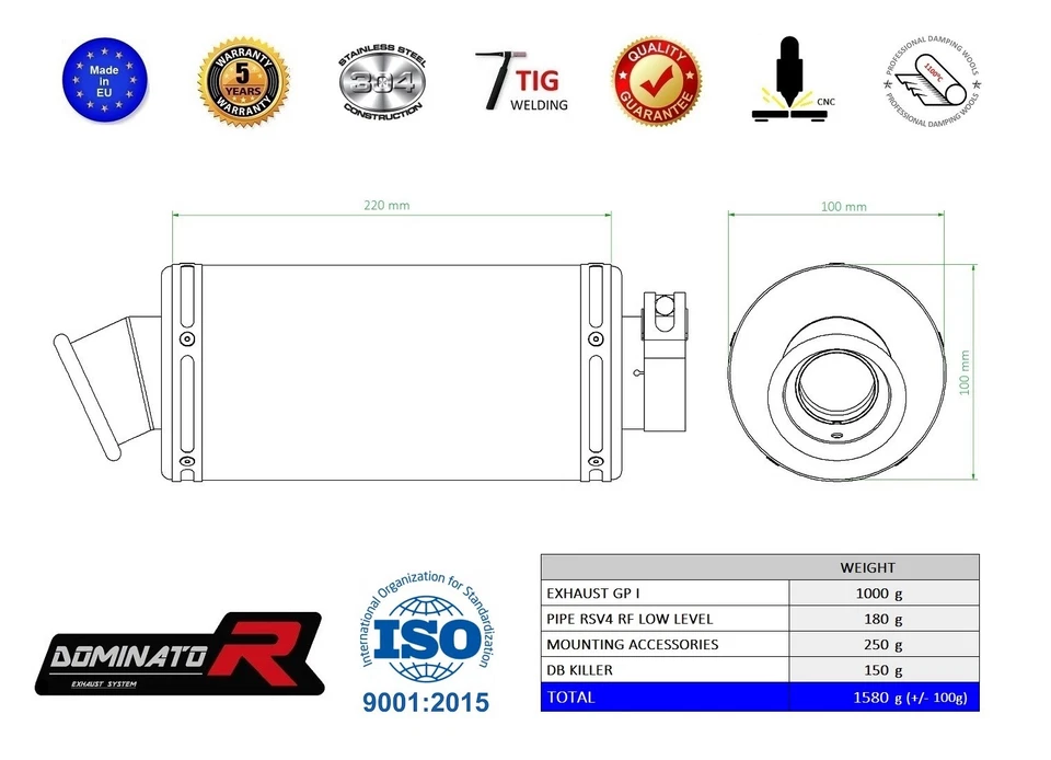 Silenciador de escape DOMINATOR GP I APRILIA RSV4 RF bajo nivel 2015 - 2016 Foto 2 de 2