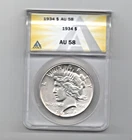 1934 PEACE DOLLAR AU 58 ANACS SILVER $1 COIN TOUGHER DATE LOOKS BETTER LUSTROUS
