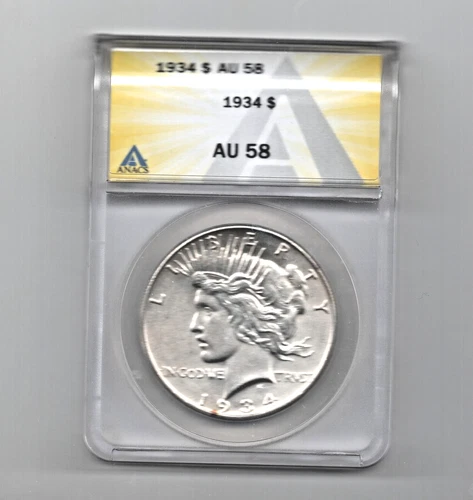 1934 PEACE DOLLAR AU 58 ANACS SILVER $1 COIN TOUGHER DATE LOOKS BETTER LUSTROUS