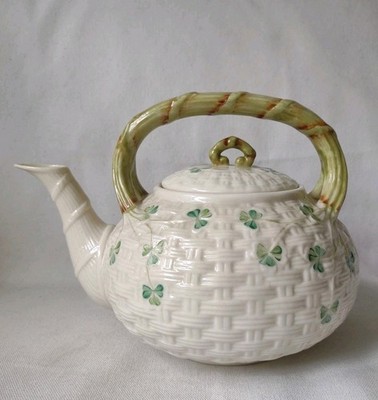 Ireland Irish Belleek Shamrock Basketweave Teapot Overhead Handle Green 6th Mark