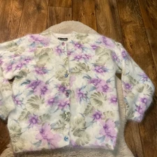 Venesha Angora Cardigan Size Medium Floral Lavender Button Sweater Long Sleeve