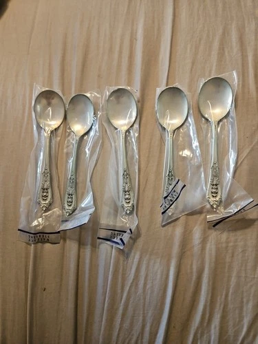 SET OF 5 ROSE POINT  BY  WALLACE  STERLING SILVER SOUP CREAM  SPOON~HIGH GRADE